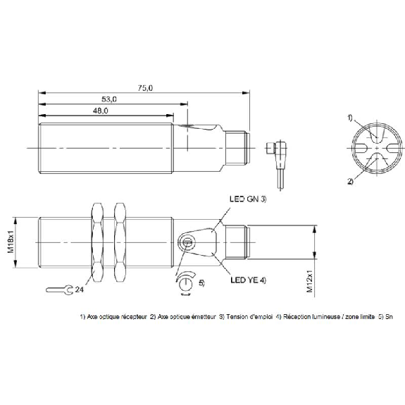 Ampli. fibre M18 PNP Pot. LR LO/DO Axial, M12 4P-Lire la description