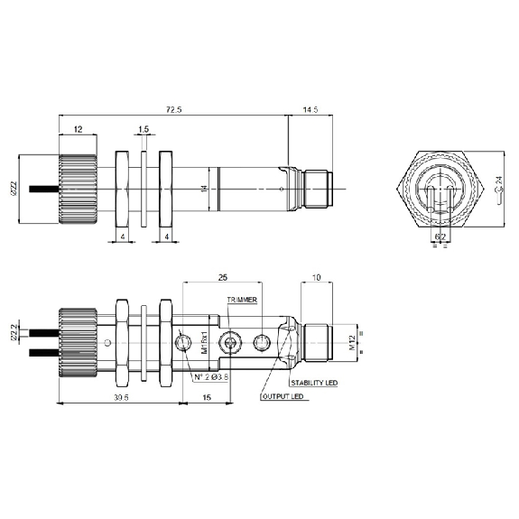Ampli. fibre NPN LR LO/DO NO+NF M18 Plast. Axial, M12 4P-Lire la description