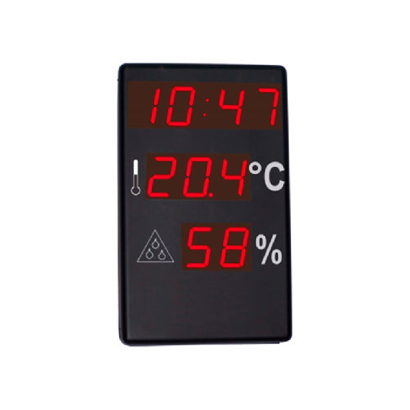 Afficheur grand format Horloge+T°+H% digit H=100mm alim. 230VAC Afficheur grand format Horloge+T°+H% digit H=100mm alim. 230VAC-Lire la description