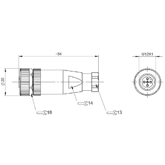 M12A Fem Droit 5p; Bornes à vis (x5) 0.14-0.75mm², Ø4-6mm Pg7-Lire la description