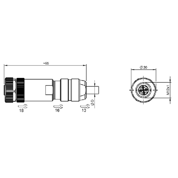 M12D Fem Droit 4p; Bornes à vis (x5) 0.14-0.75mm², Ø5-8mm-Lire la description