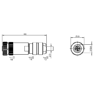 M12D Fem Droit 4p; Bornes à vis (x5) 0.14-0.75mm², Ø5-8mm-Lire la description