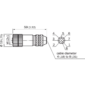 M12A Fem Droit 8p; Bornes IDC 0.14-0.34mm², Ø4-8mm, Blindé; SSI-Lire la description