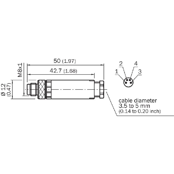 M08 Mâle Droit 4p; Bornes à vis 0.14-0.5mm², Ø3.5-8mm-Lire la description