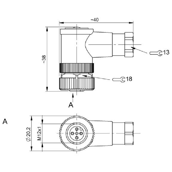 M12A Fem Coudé 4p; Bornes à vis (x4) 0.14-0.75mm², Ø4-6mm-Lire la description
