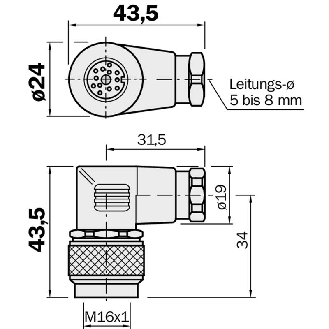 M16 Fem Coudé 12p; Bornes à souder <0,25mm², Ø5-8mm-Lire la description