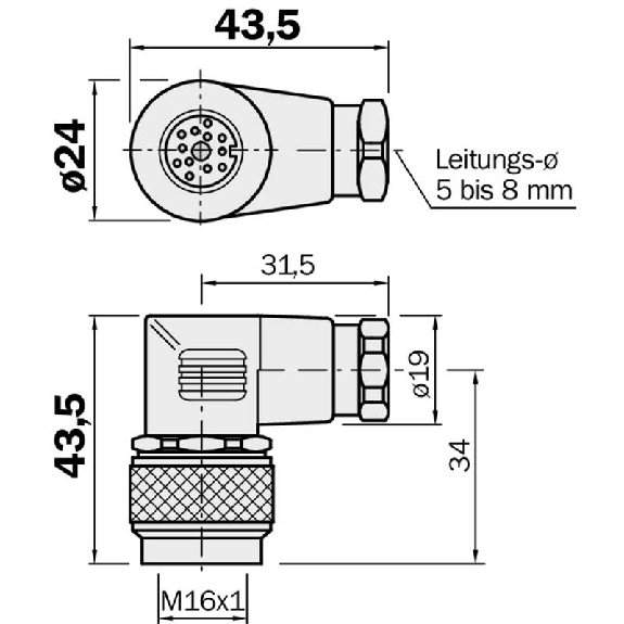 M16 Fem Coudé 12p; Bornes à souder <0,25mm², Ø5-8mm-Lire la description