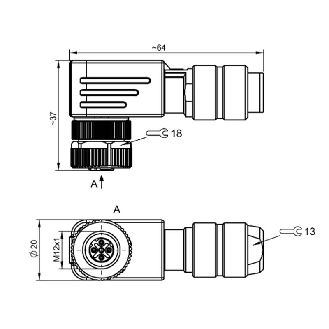 M12D Fem Coudé 4p; Bornes à vis (x4) 0.14-0.75mm², Ø5-8mm-Lire la description