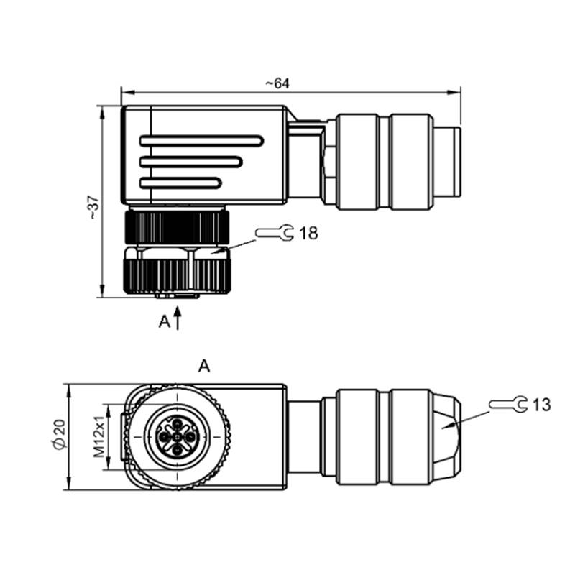 M12D Fem Coudé 4p; Bornes à vis (x4) 0.14-0.75mm², Ø5-8mm-Lire la description