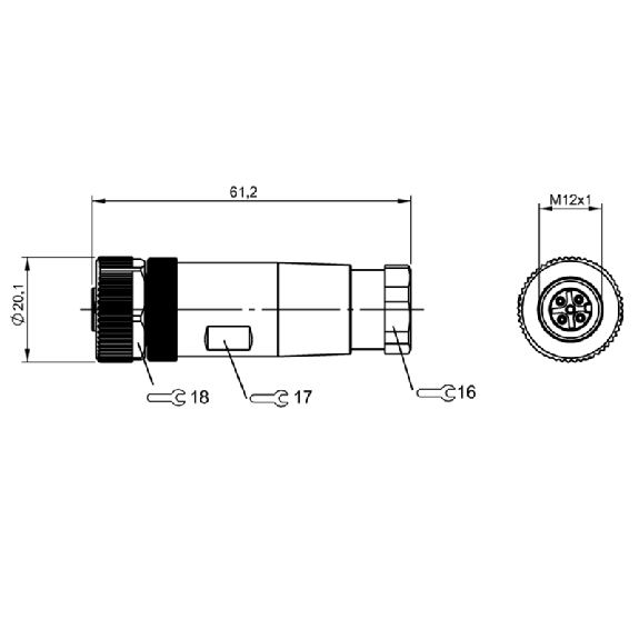 M12A Fem Droit 5p, Bornes à vis (x5) 0.14-0.75mm², Ø6-8mm Pg7-Lire la description