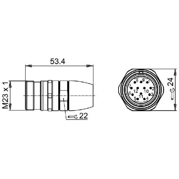 M23 Mâle Droit 12p (sens horaire) Bornes à souder < 1mm²-Lire la description