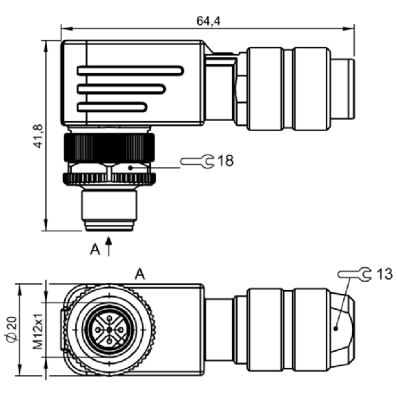 M12B Mâle Coudé 5p; Bornes à vis (x5) 0.14-0.75mm², Ø5-8mm (250V)-Lire la description