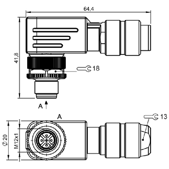 M12B Mâle Coudé 5p; Bornes à vis (x5) 0.14-0.75mm², Ø5-8mm (250V)-Lire la description