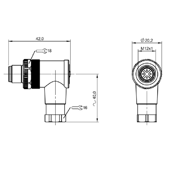 M12A Mâle Coudé 4p; Bornes à vis (x4) 0.14-0.75mm², Ø4-6mm Pg7-Lire la description
