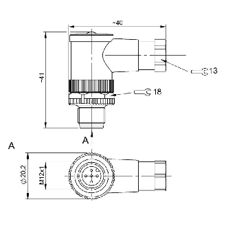 M12A Mâle Coudé 5p; Bornes à vis (x5) 0.14-0.75 mm², Ø4-6mm Pg7-Lire la description