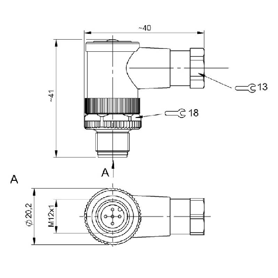 M12A Mâle Coudé 5p; Bornes à vis (x5) 0.14-0.75 mm², Ø4-6mm Pg7-Lire la description
