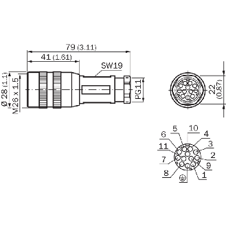 M26 Droit Fem 12p; Bornes à sertir max. 0,5 mm², Ø8-10mm-Lire la description