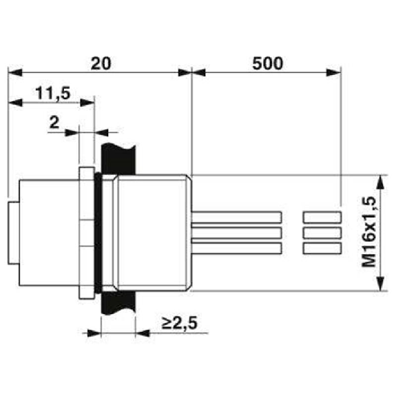 Embase paroi M16x1.5; M12A Fem Droit 4p/4 fils (4x0.34mm²), 0.5m-Lire la description
