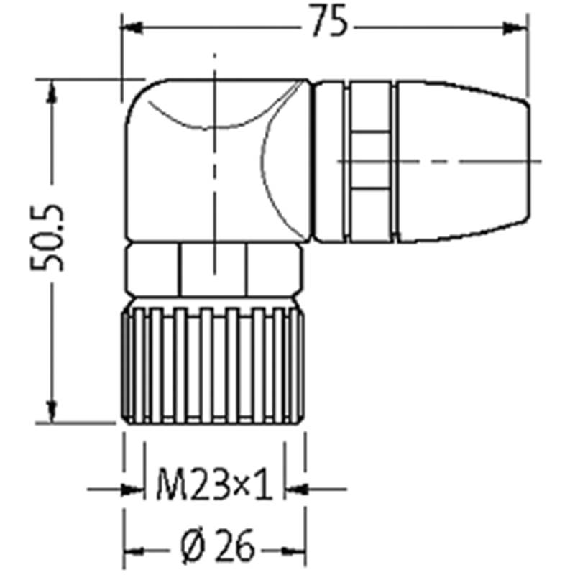 M23 Fem Coudé 12p; Bornes à souder 1mm², Ø8-14mm-Lire la description