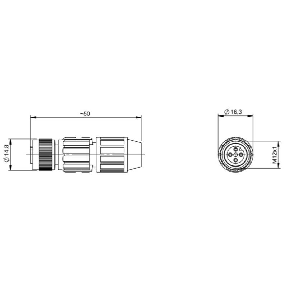 M12A Fem Droit 4p; Bornes guillotines (x4) 0.14-0.34 mm², Ø3.5-6mm-Lire la description