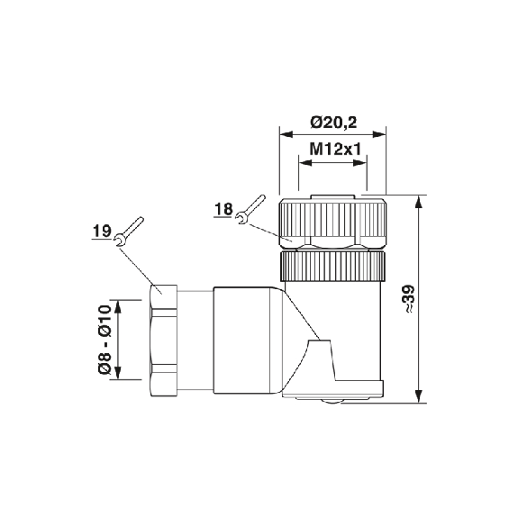 M12T Fem Coudé 4p; Bornes à vis, Ø8-10mm PG11-Lire la description