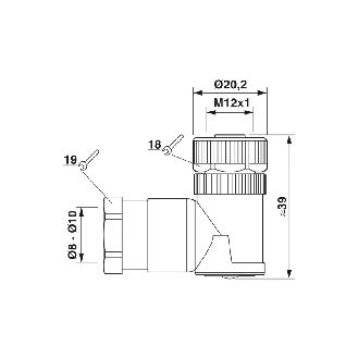 M12T Fem Coudé 4p; Bornes à vis, Ø8-10mm PG11-Lire la description