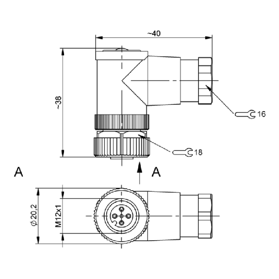 M12A Fem Coudé 5p; Bornes à vis (x5) 0.14-0.75 mm², Ø4-6mm Pg7-Lire la description