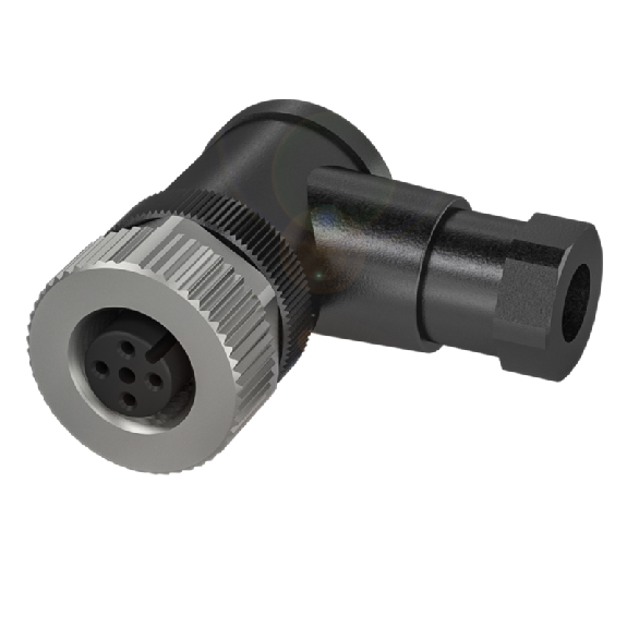 M12A Fem Coudé 5p; Bornes à vis (x5) 0.14-0.75 mm², Ø4-6mm Pg7-Lire la description