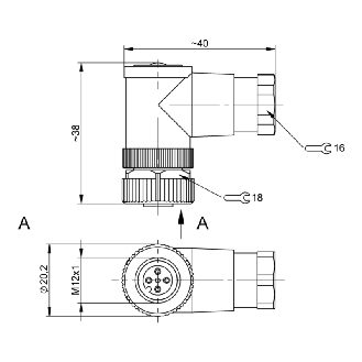 M12A Fem Coudé 5p; Bornes à vis (x5) 0.14-0.75 mm², Ø4-6mm Pg7-Lire la description