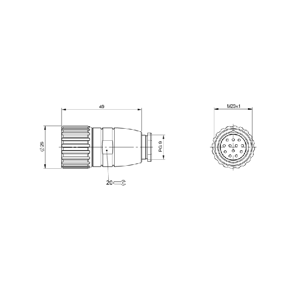 M23 Fem Droit 12p, Bornes à souder (12x) 1mm², Ø6-10mm-Lire la description