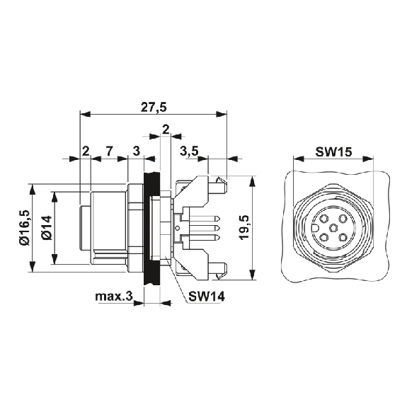 Embase paroi M12x1; M12B Fem Droit 5p/Picots de soudage-Lire la description