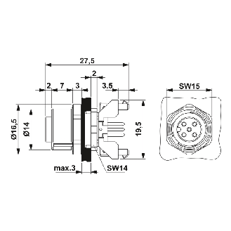 Embase paroi M12x1; M12B Fem Droit 5p/Picots de soudage-Lire la description