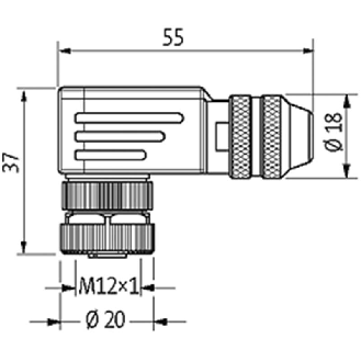 M12A Fem Coudé 5p; Bornes à vis, <0.75mm², Ø6-8mm; Blindé-Lire la description