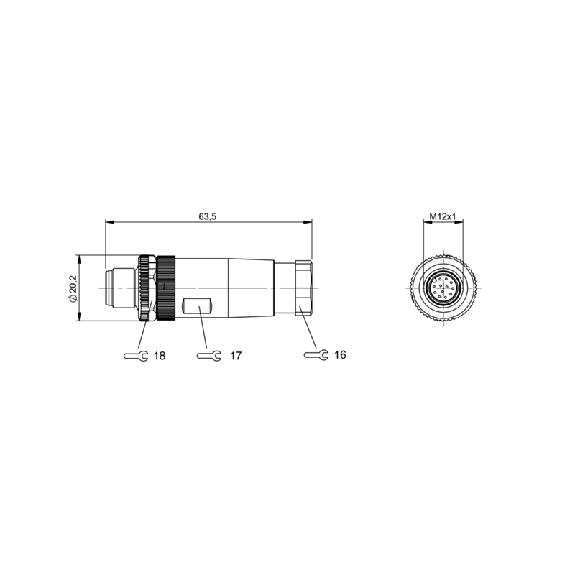 M12A Mâle Droit 12p; Bornes à souder (x12) 0.14-0.25mm², Ø6-8 mm-Lire la description
