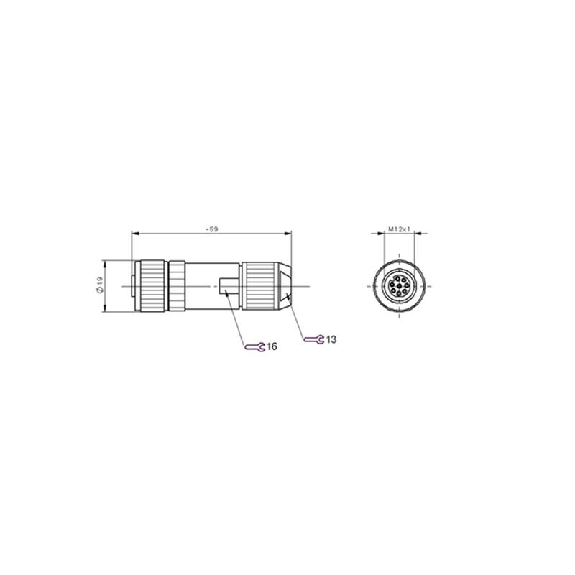 M12A Fem Droit 8p; Bornes guillotines 0.14-0.75mm², Ø4-8mm-Lire la description