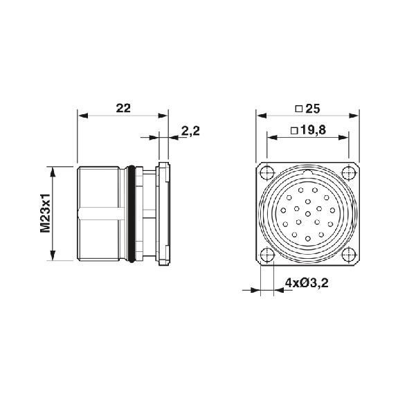 Embase M23-N Mâle Droit 8+1p; Bornes à souder Blindé-Lire la description