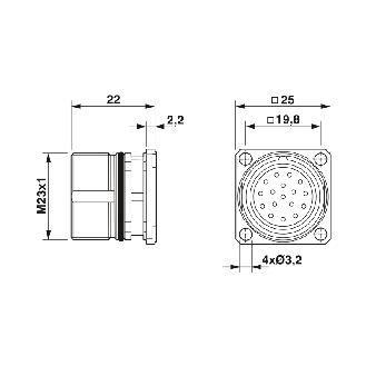 Embase M23-N Mâle Droit 8+1p; Bornes à souder Blindé-Lire la description