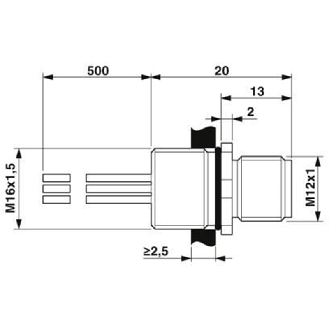 Embase paroi M16x1.5; M12A Mâle Droit 4p/4 fils (4x0.34mm²) 0.5m-Lire la description
