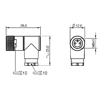 M08A Fem Coudé 3p; Bornes à souder (x3) 0.14-0.34mm², Ø3.5-5mm-Lire la description