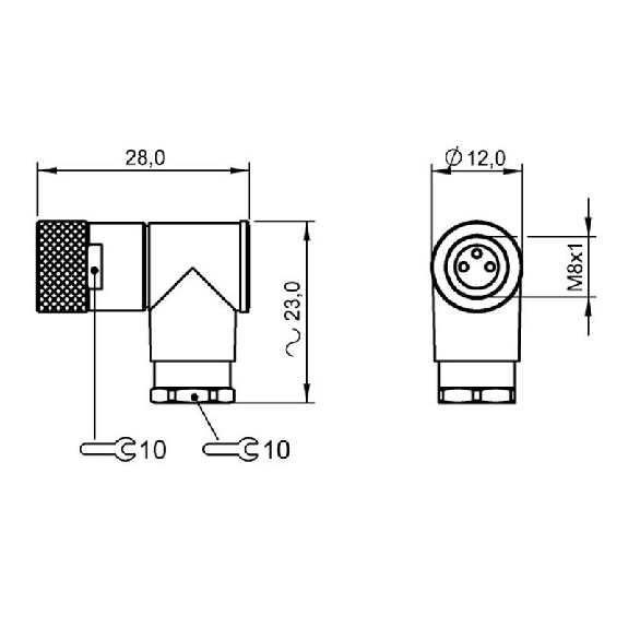 M08A Fem Coudé 3p; Bornes à souder (x3) 0.14-0.34mm², Ø3.5-5mm-Lire la description
