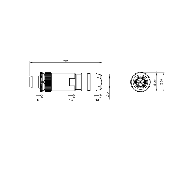 M12D Mâle Droit 4p; Bornes à vis 0.14-0.75 mm², Ø5-8mm-Lire la description