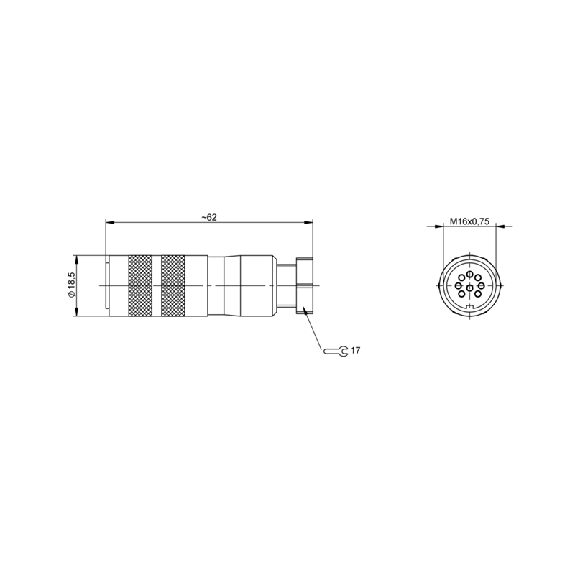 M16 Fem Droit 8p; Bornes à souder 0.14-0.75mm², Ø6-8mm-Lire la description