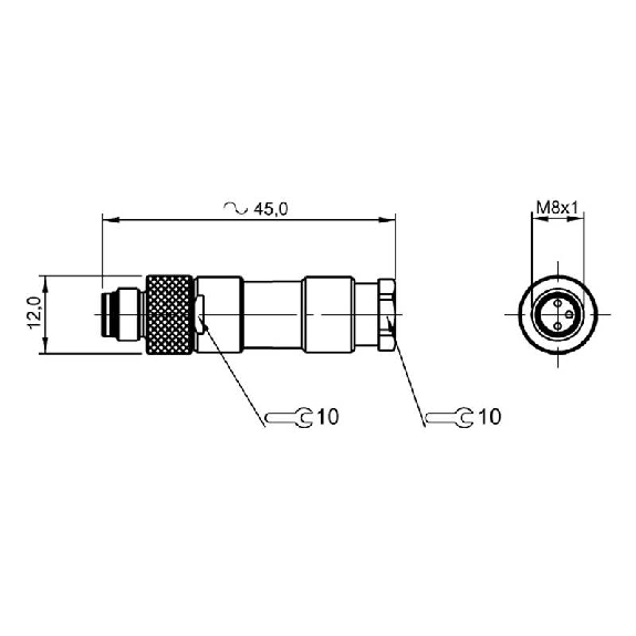 M08A Mâle Droit 3p; Bornes à souder (x3) 0.14-0.34mm², Ø3.5-5mm-Lire la description