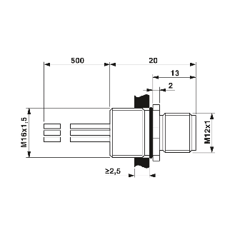 Embase paroi M16x1.5; M12A Mâle Droit 5p Inox/5 fils (5 x 0.25) 0.5m-Lire la description