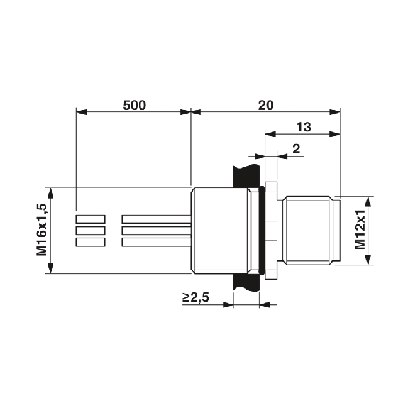 Embase paroi M16x1.5; M12A Mâle Droit 5p Inox/5 fils (5 x 0.25) 0.5m-Lire la description