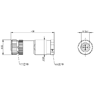 M12A Fem Droit 5p; Bornes à vis (x5) 0.14-0.75mm², Ø2.1-3mm-Lire la description