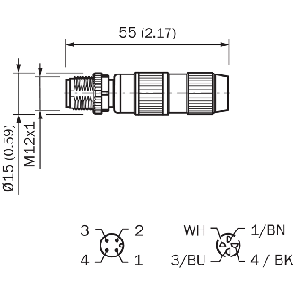 M12A Mâle Droit 4p; Bornes (x4) IDC 0.25mm²-Lire la description