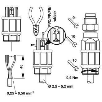M08A Mâle Droit 4p Inox; Bornes autodénudantes max. 0,5mm², Ø2.5-5mm-Lire la description
