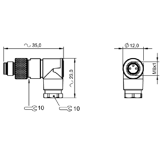 M08A Mâle Coudé 3p; Bornes à souder (x3) 0.14-0.34 mm², Ø3.5-5 mm-Lire la description