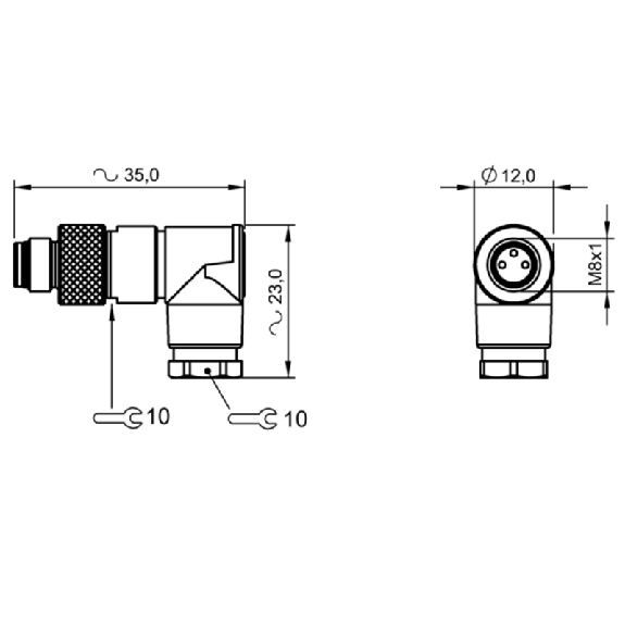 M08A Mâle Coudé 3p; Bornes à souder (x3) 0.14-0.34 mm², Ø3.5-5 mm-Lire la description